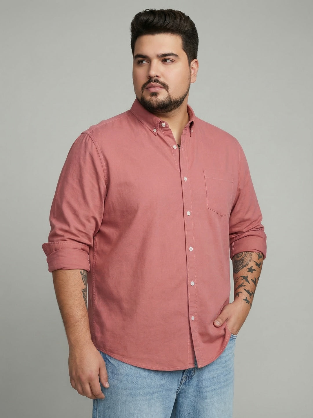 Plus Men's Peach Cotton Full Sleeve Regular Fit Solid Oxford Shirt With Button-Down Collar