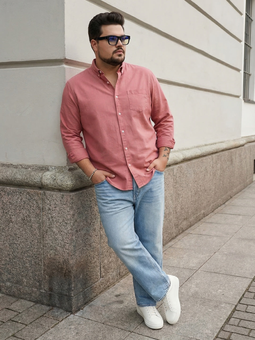 Plus Men's Peach Cotton Full Sleeve Regular Fit Solid Oxford Shirt With Button-Down Collar