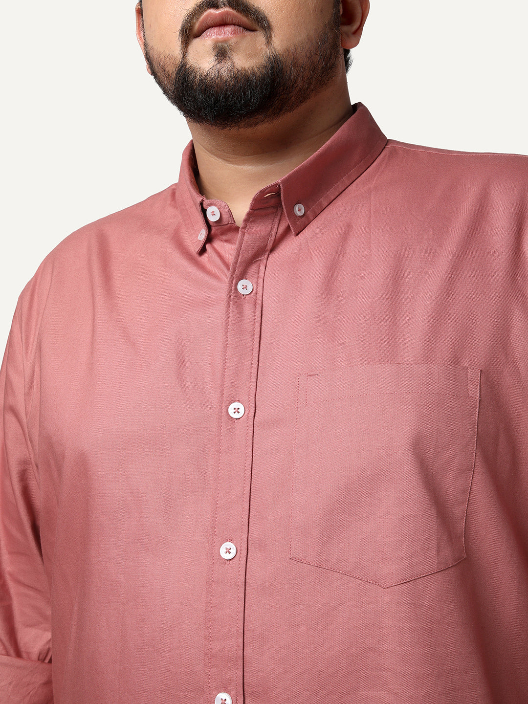 Plus Men's Peach Cotton Full Sleeve Regular Fit Solid Oxford Shirt With Button-Down Collar