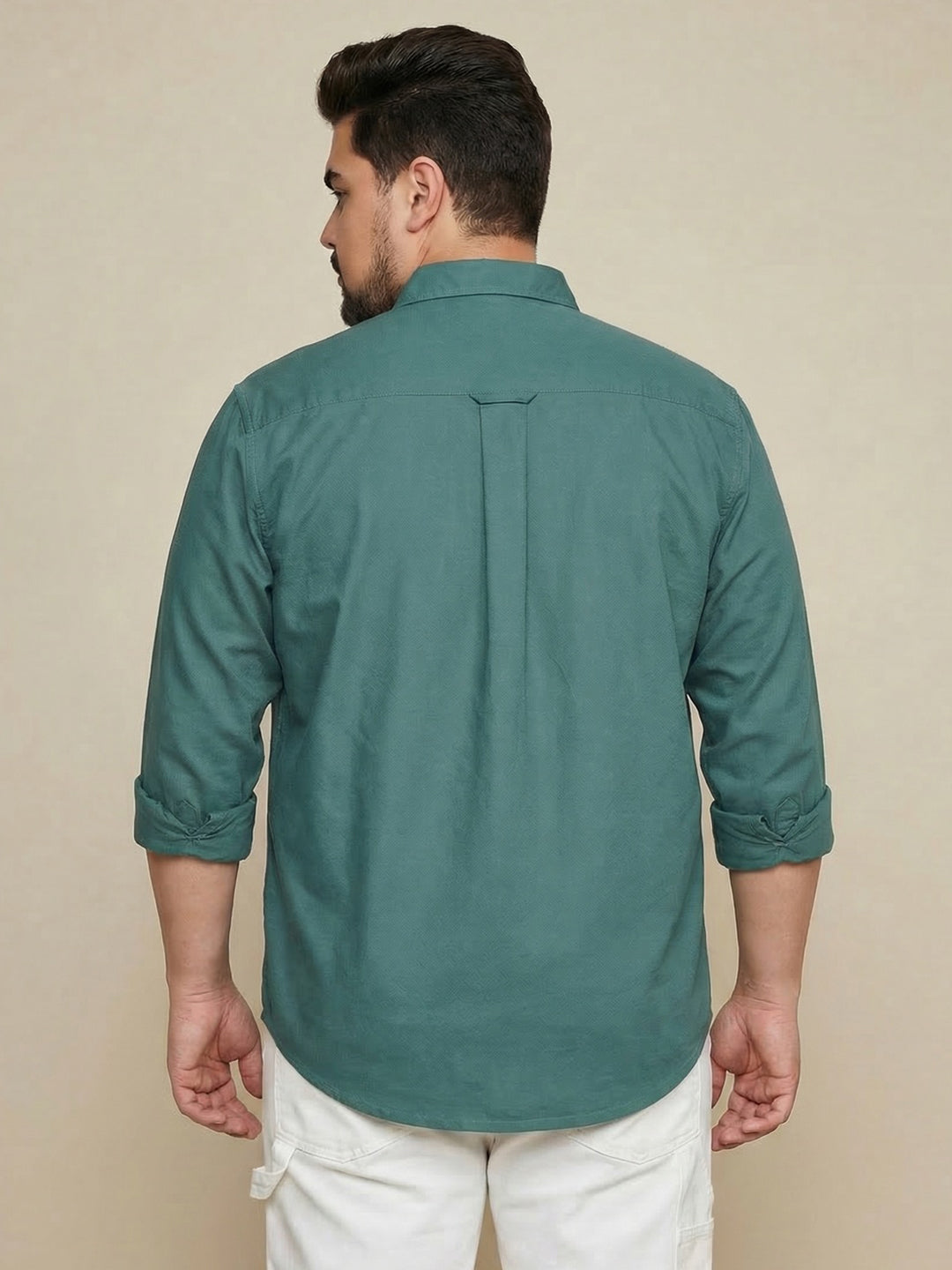 Plus Men's Teal Green Cotton Full Sleeve Regular Fit Solid Oxford Shirt With Button-Down Collar
