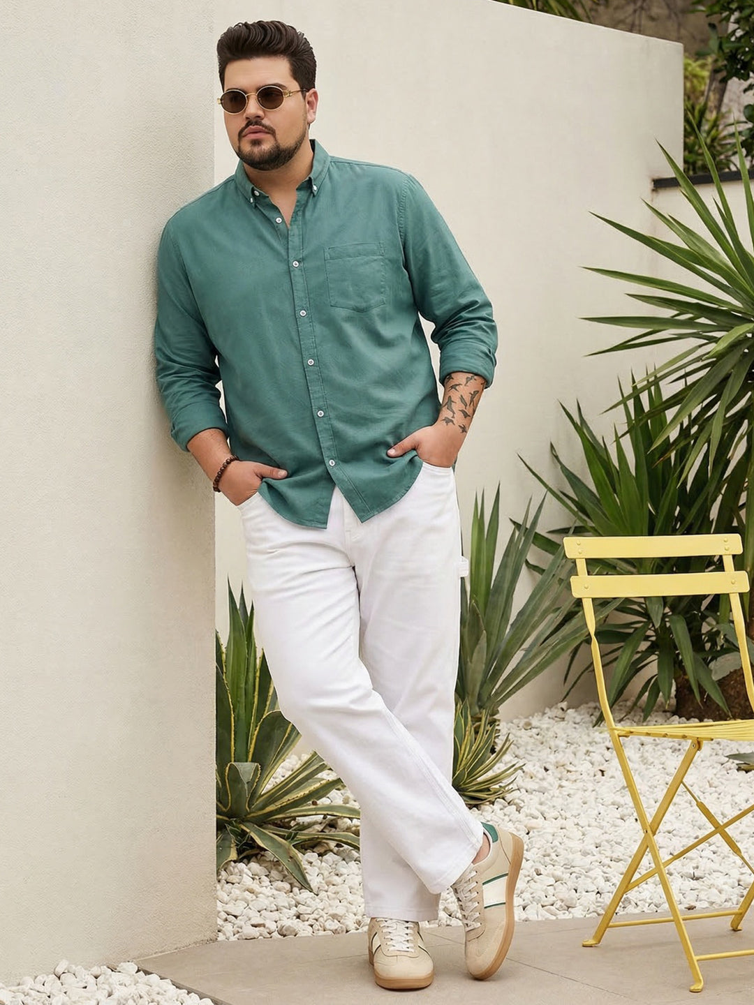 Plus Men's Teal Green Cotton Full Sleeve Regular Fit Solid Oxford Shirt With Button-Down Collar