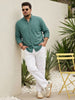Plus Men's Teal Green Cotton Full Sleeve Regular Fit Solid Oxford Shirt With Button-Down Collar
