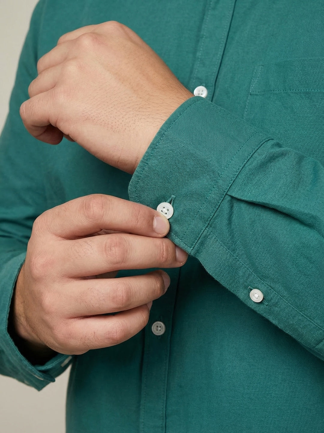 Plus Men's Teal Green Cotton Full Sleeve Regular Fit Solid Oxford Shirt With Button-Down Collar