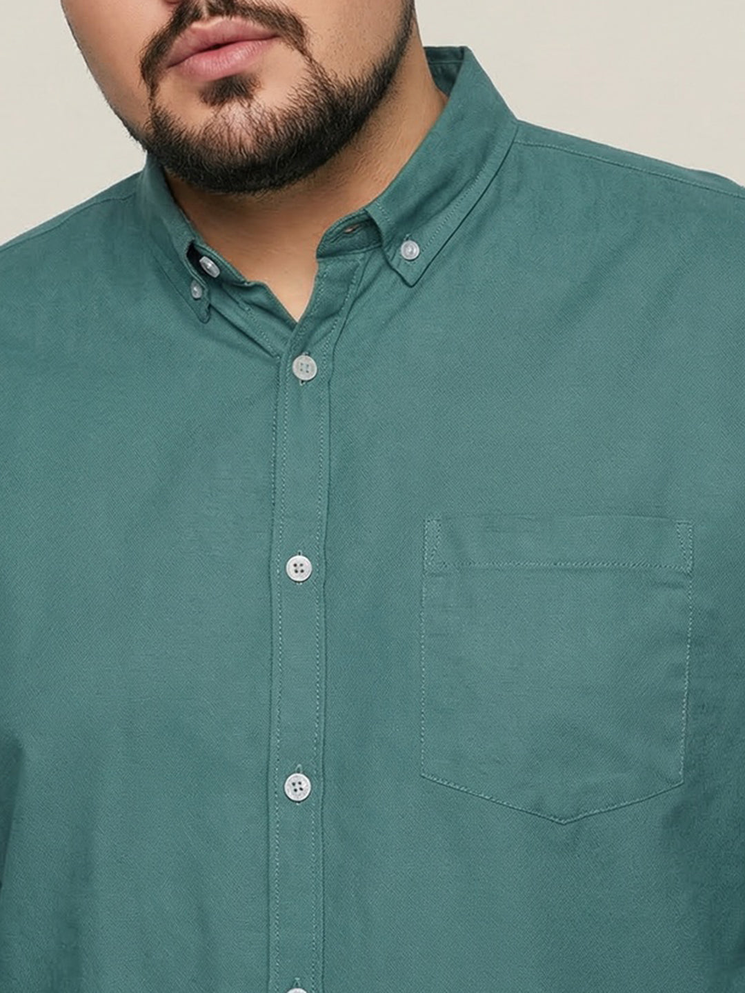 Plus Men's Teal Green Cotton Full Sleeve Regular Fit Solid Oxford Shirt With Button-Down Collar