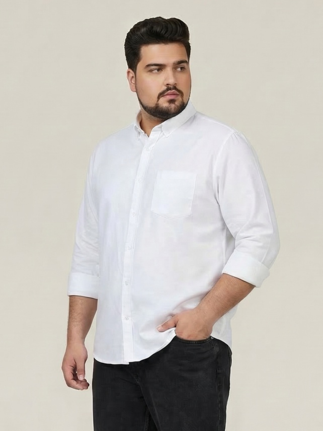 Plus Men's White Cotton Full Sleeve Regular Fit Solid Oxford Shirt With Button-Down Collar