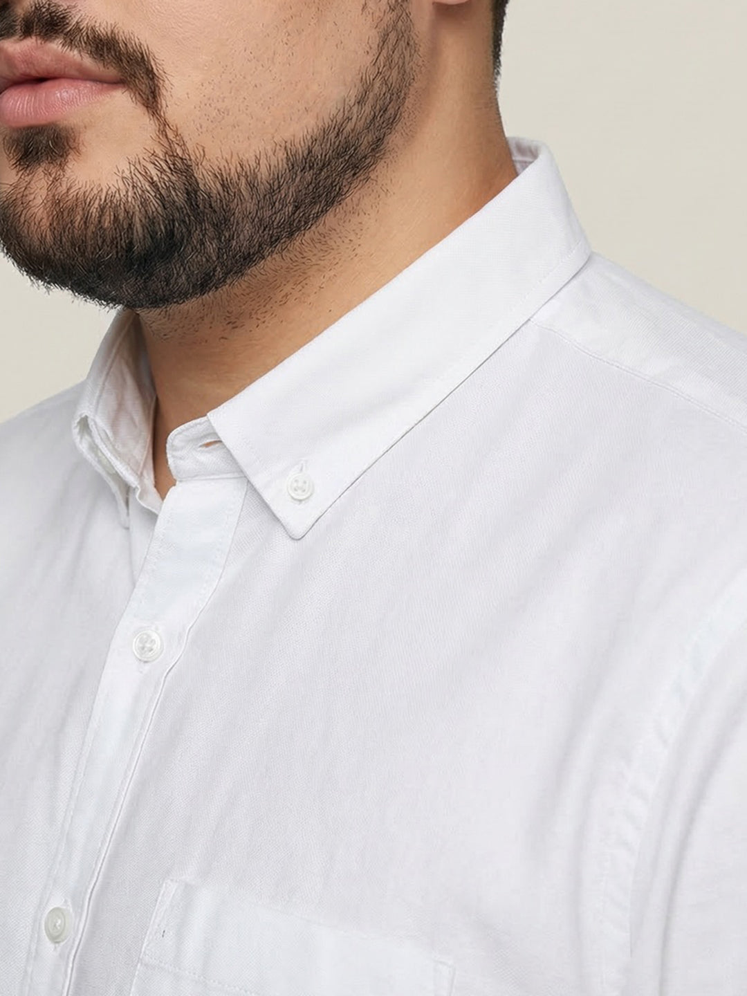 Plus Men's White Cotton Full Sleeve Regular Fit Solid Oxford Shirt With Button-Down Collar