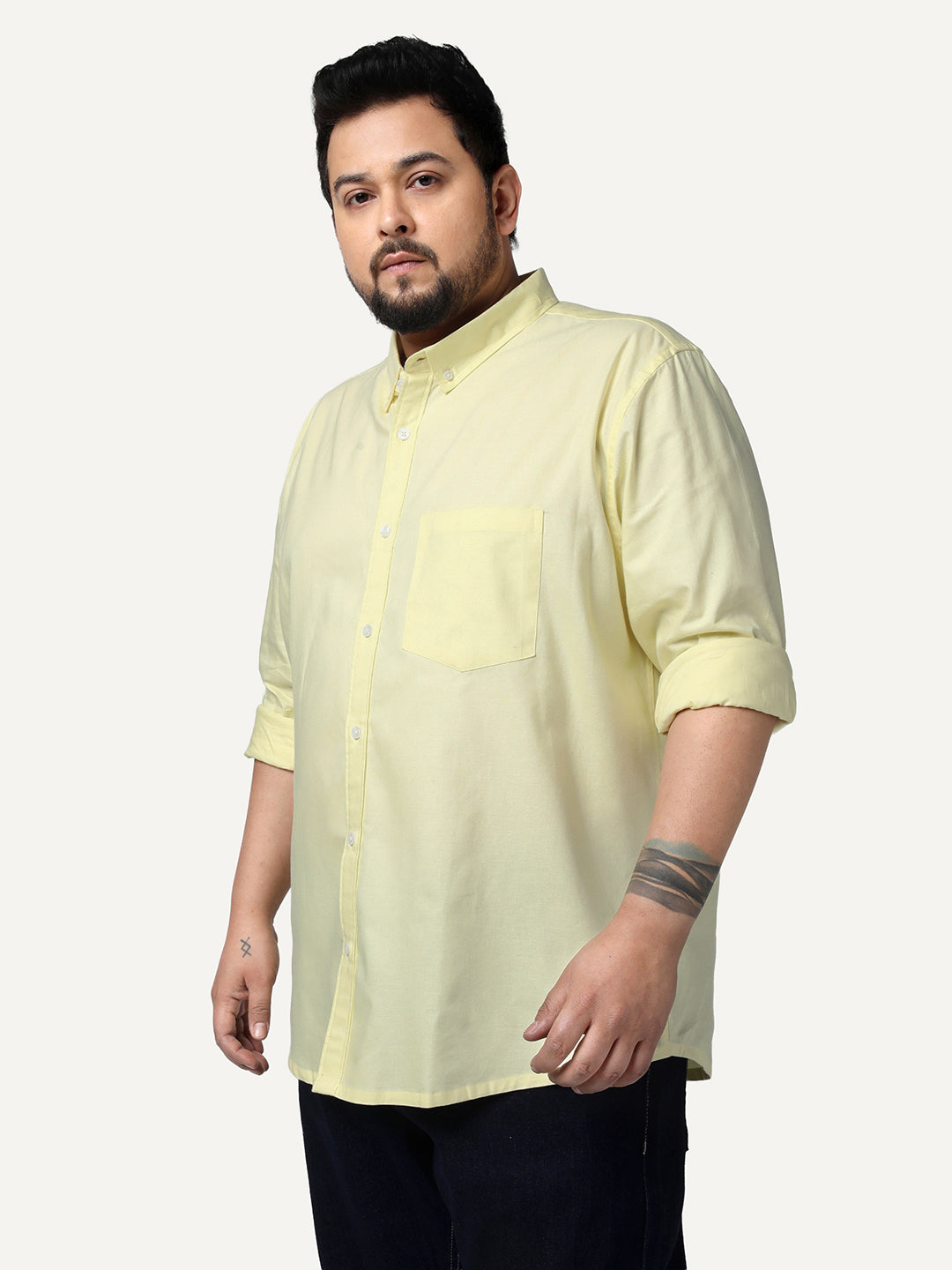 Plus Men's Yellow Cotton Full Sleeve Regular Fit Solid Oxford Shirt With Button-Down Collar