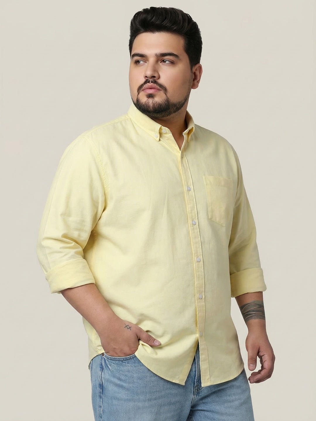 Plus Men's Yellow Cotton Full Sleeve Regular Fit Solid Oxford Shirt With Button-Down Collar