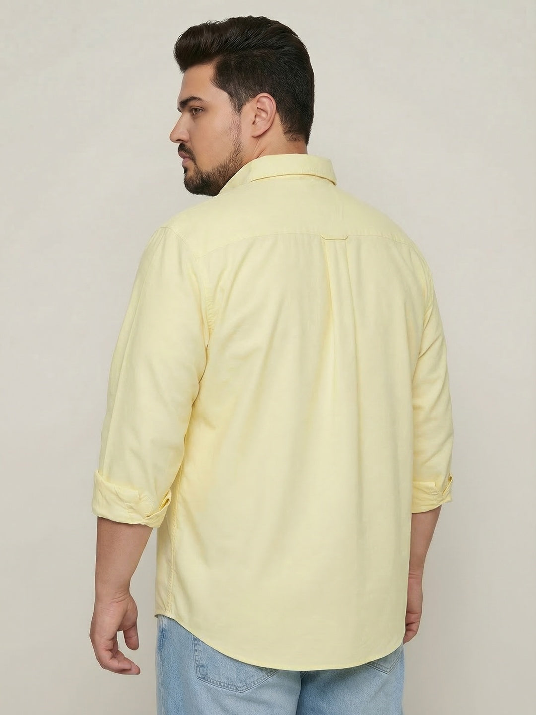 Plus Men's Yellow Cotton Full Sleeve Regular Fit Solid Oxford Shirt With Button-Down Collar