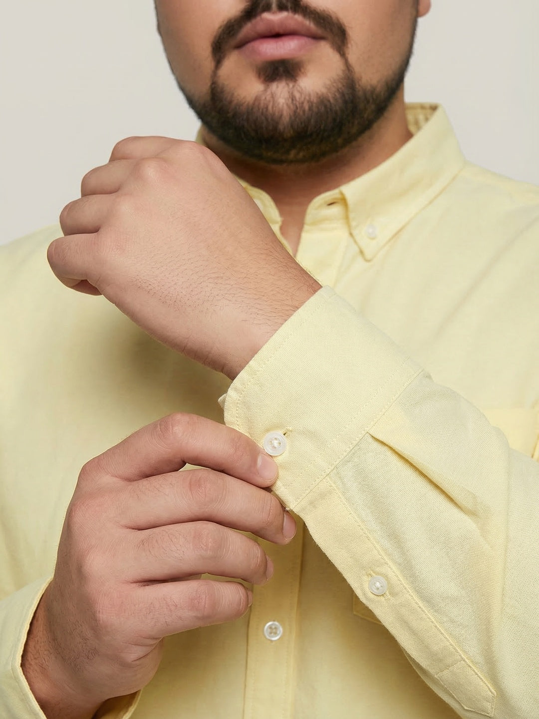 Plus Men's Yellow Cotton Full Sleeve Regular Fit Solid Oxford Shirt With Button-Down Collar