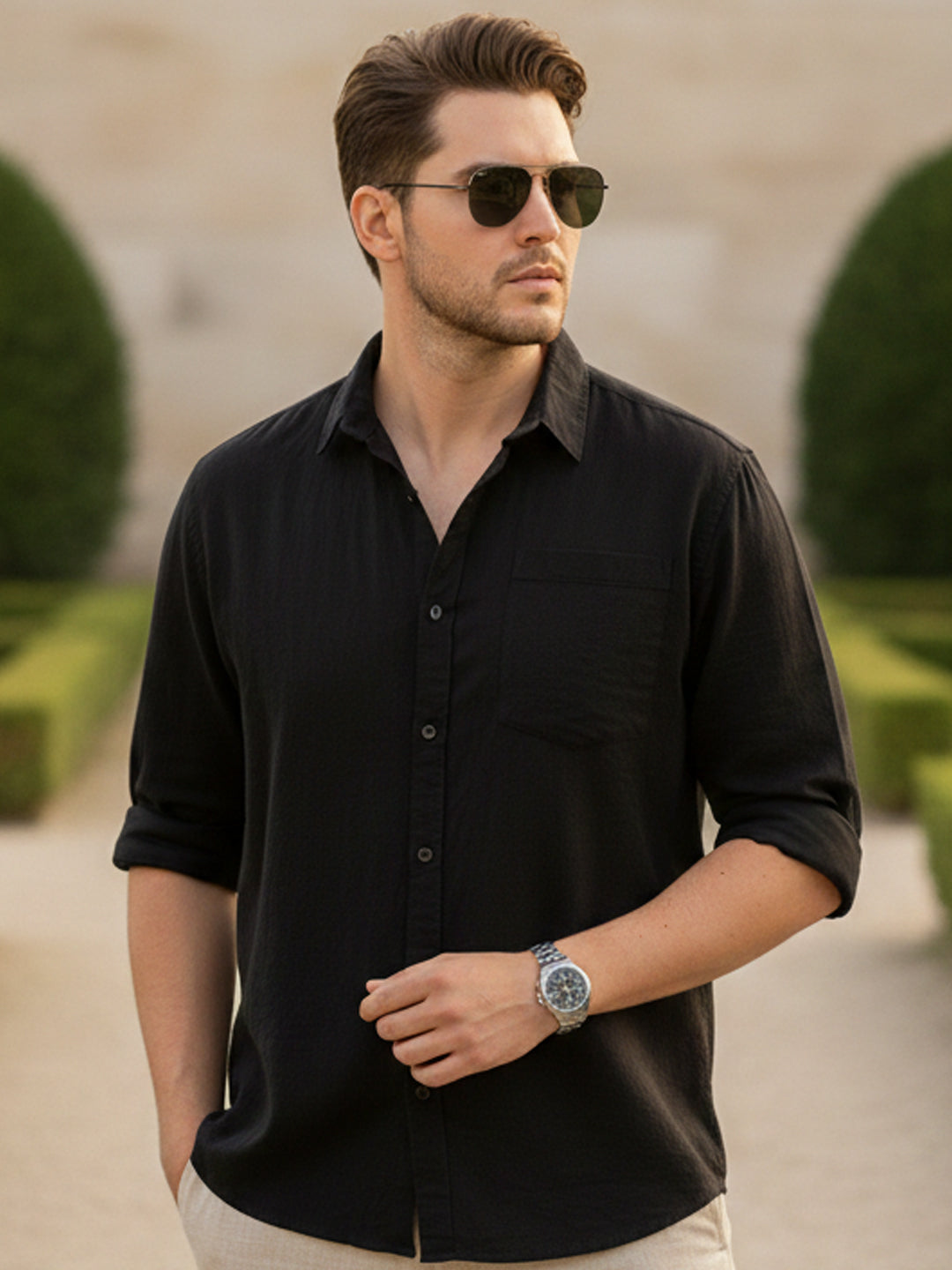 Plus Men's Black Cotton Full Sleeve Regular Fit Casual Solid Shirt