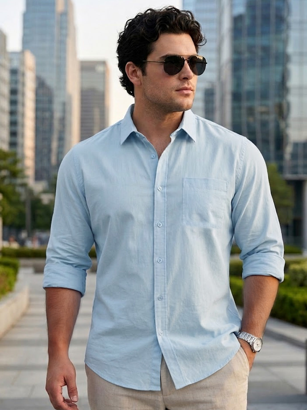 Plus Men's Light Blue Cotton Full Sleeve Regular Fit Casual Solid Shirt