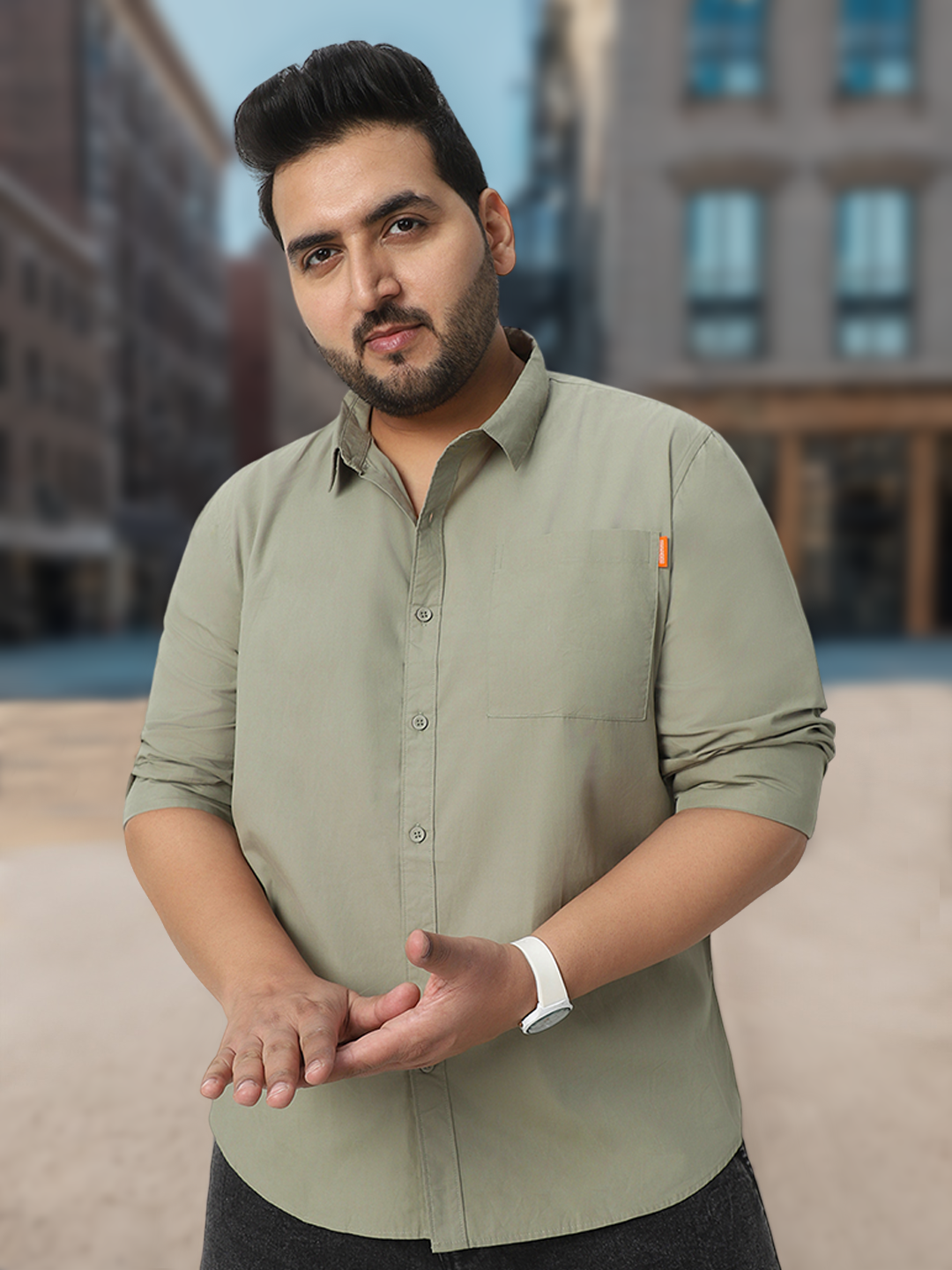 Plus Men's Olive Cotton Full Sleeve Regular Fit Casual Solid Shirt