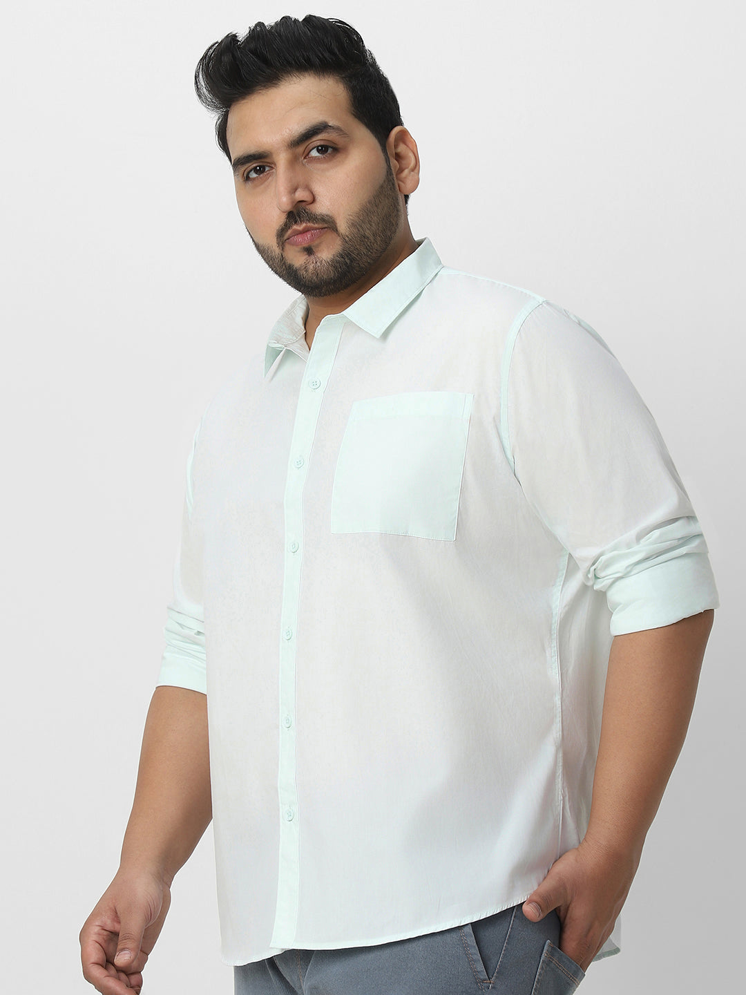 Plus Men's Pastel Blue Cotton Full Sleeve Regular Fit Casual Solid Shirt