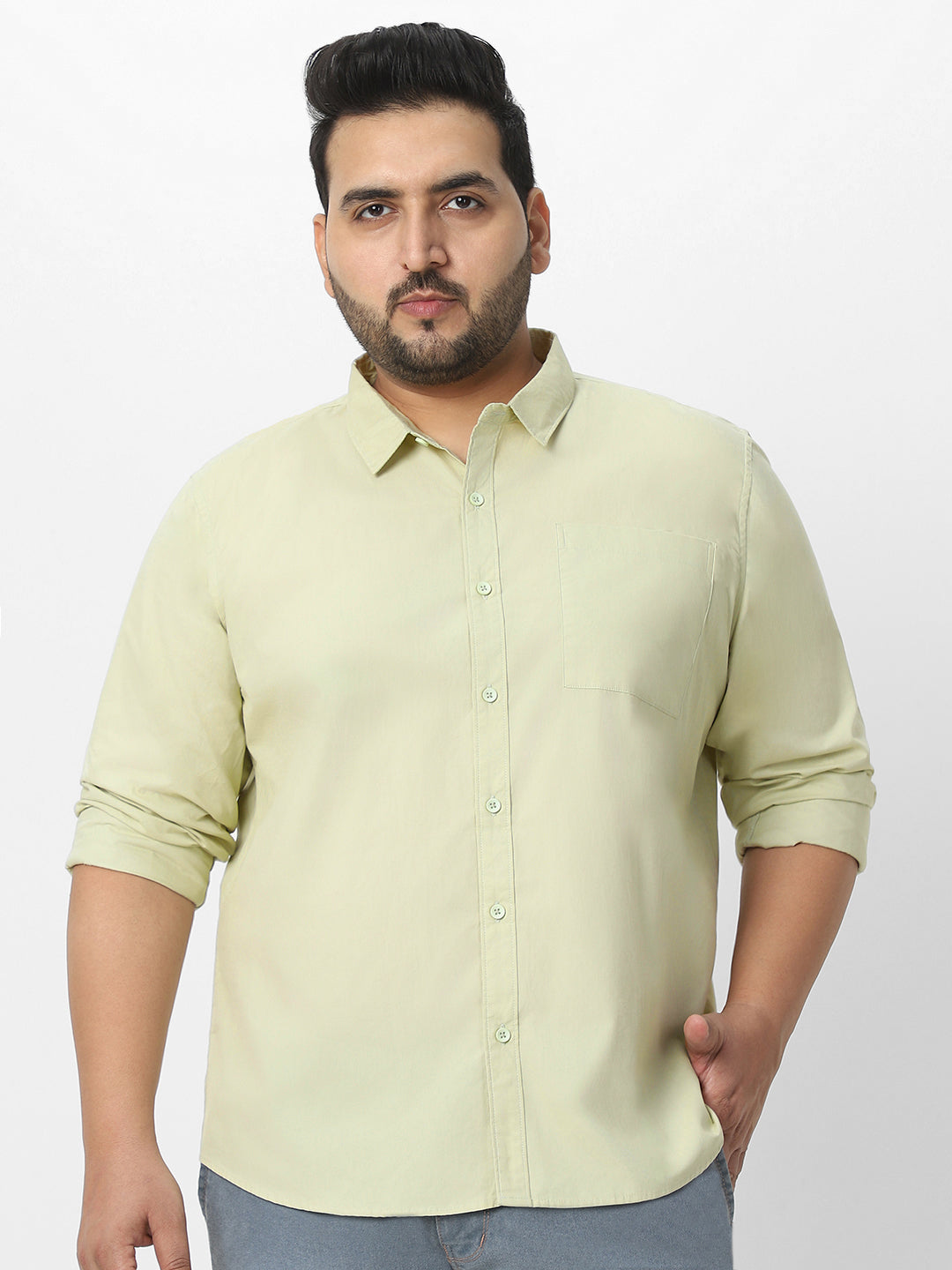 Plus Men's Pastel Green Cotton Full Sleeve Regular Fit Casual Solid Shirt