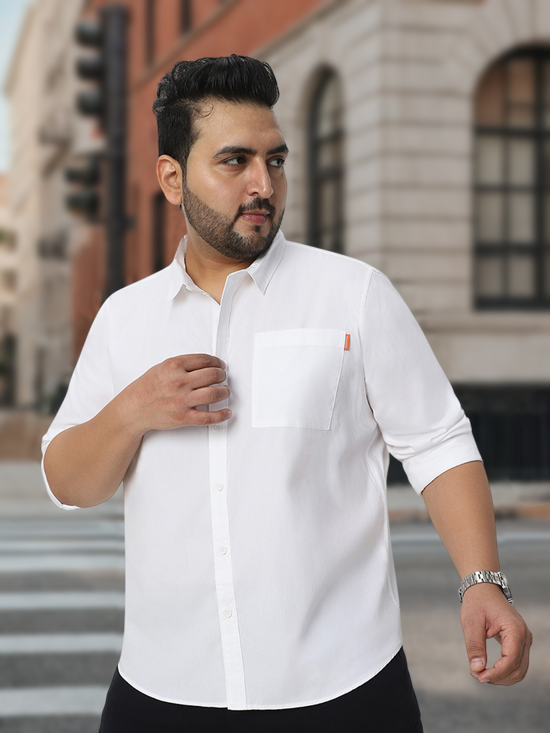 Plus Men's White Cotton Full Sleeve Regular Fit Casual Solid Shirt