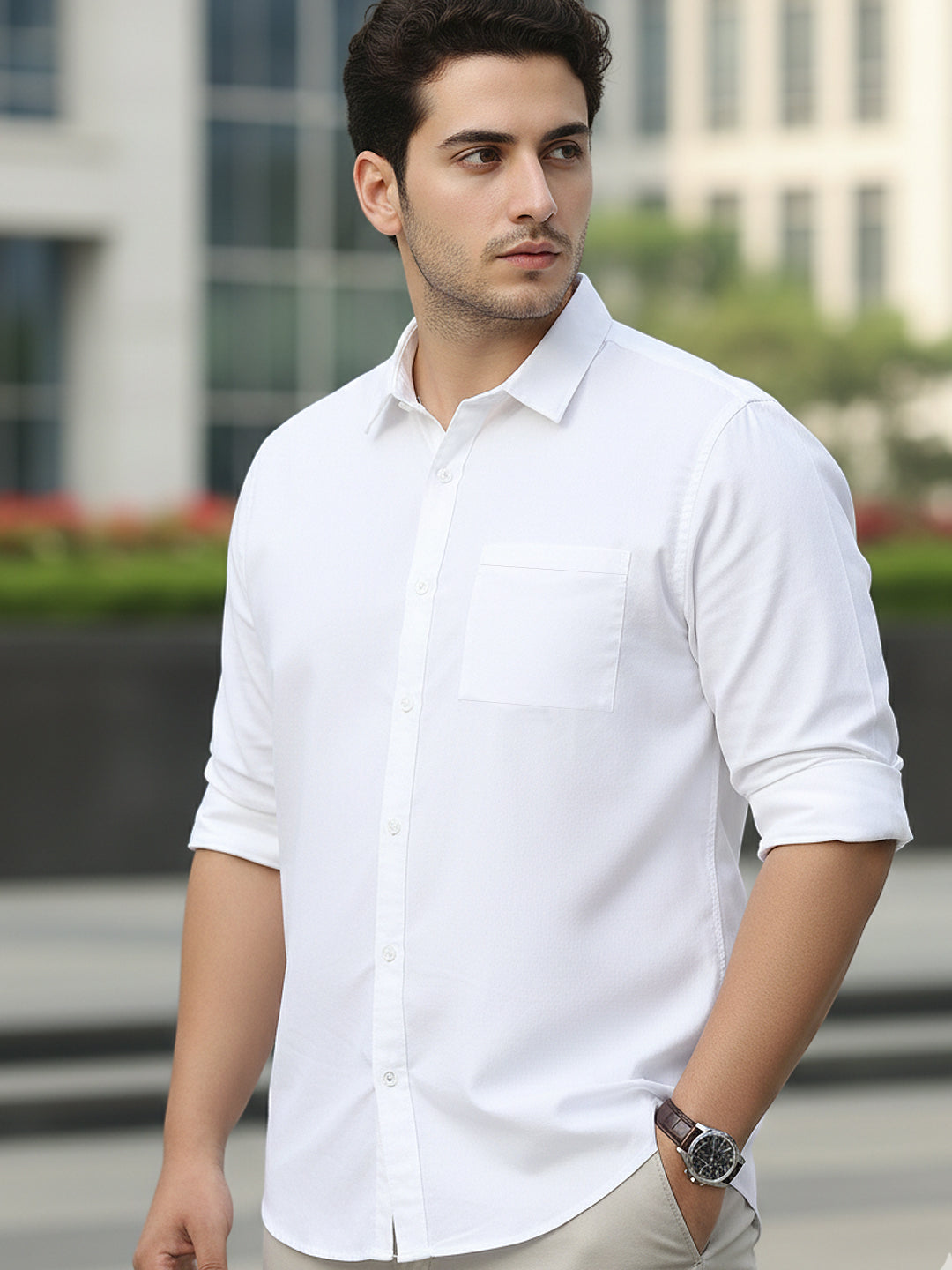 Plus Men's White Cotton Full Sleeve Regular Fit Casual Solid Shirt