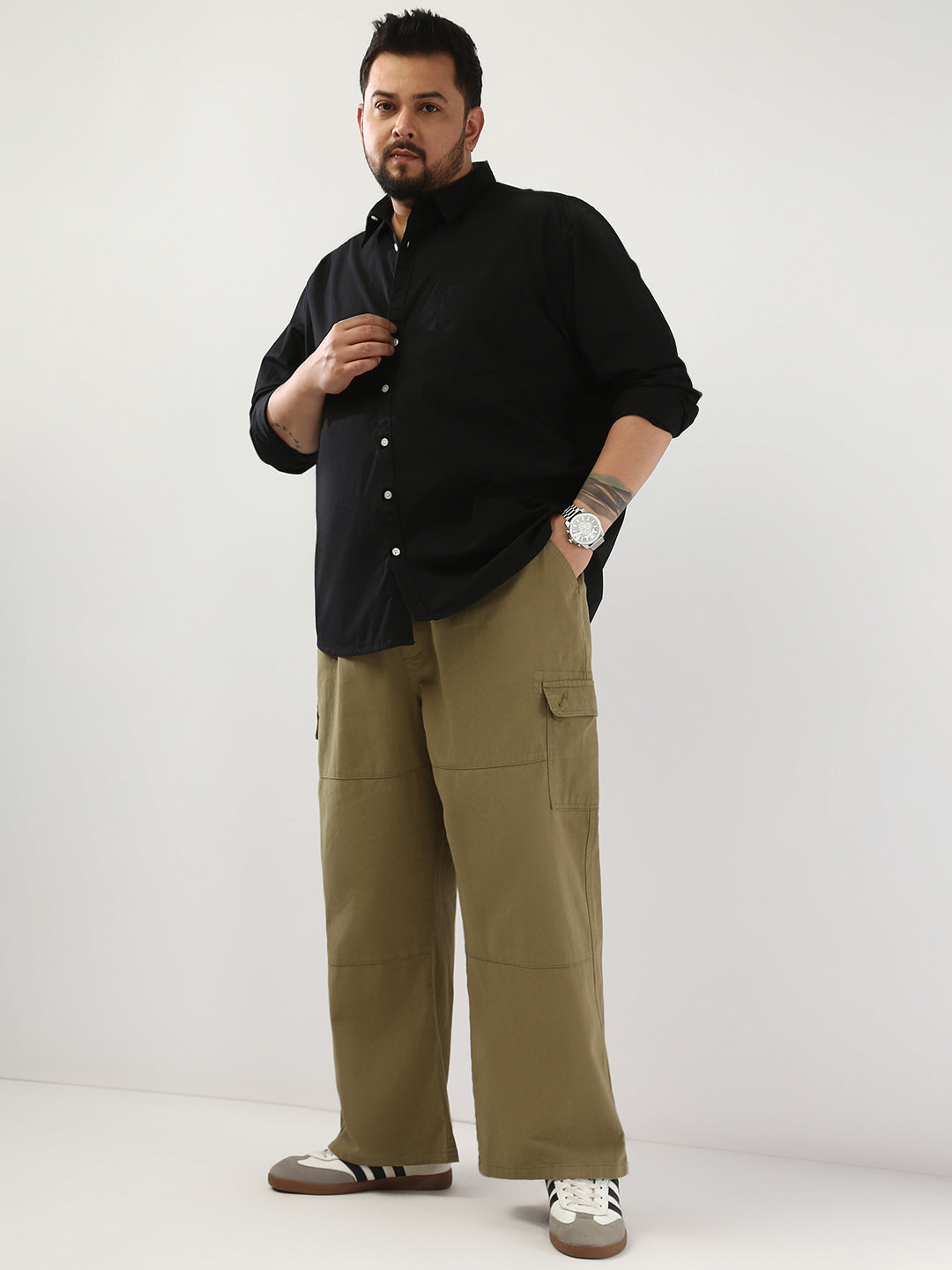 Plus Men's Black Cotton Full Sleeve Regular Fit Casual Solid Shirt
