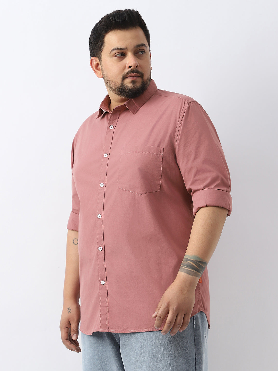 Plus Men's Dusty Pink Cotton Full Sleeve Regular Fit Casual Solid Shirt