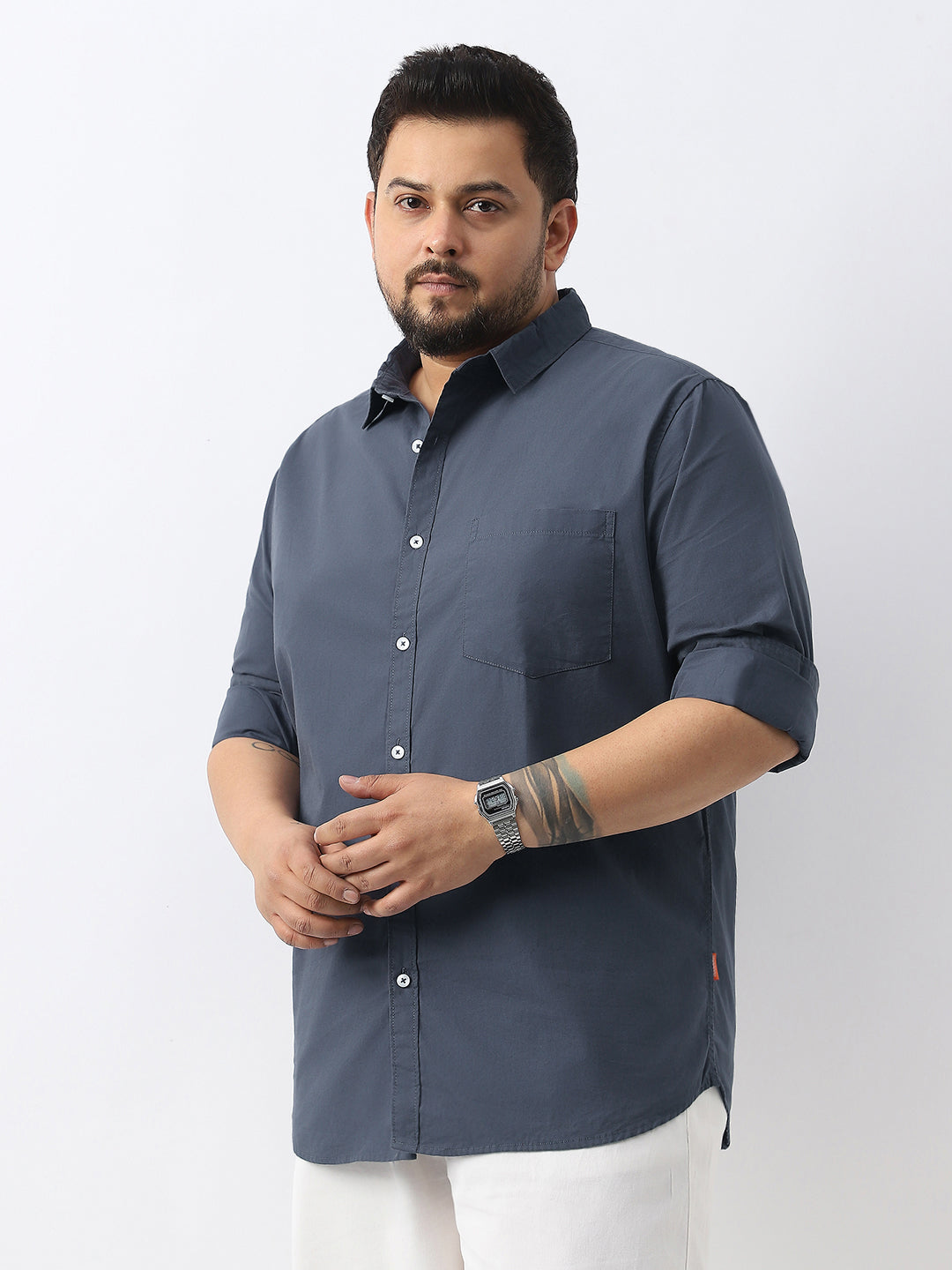 Plus Men's Slate Blue Cotton Full Sleeve Regular Fit Casual Solid Shirt