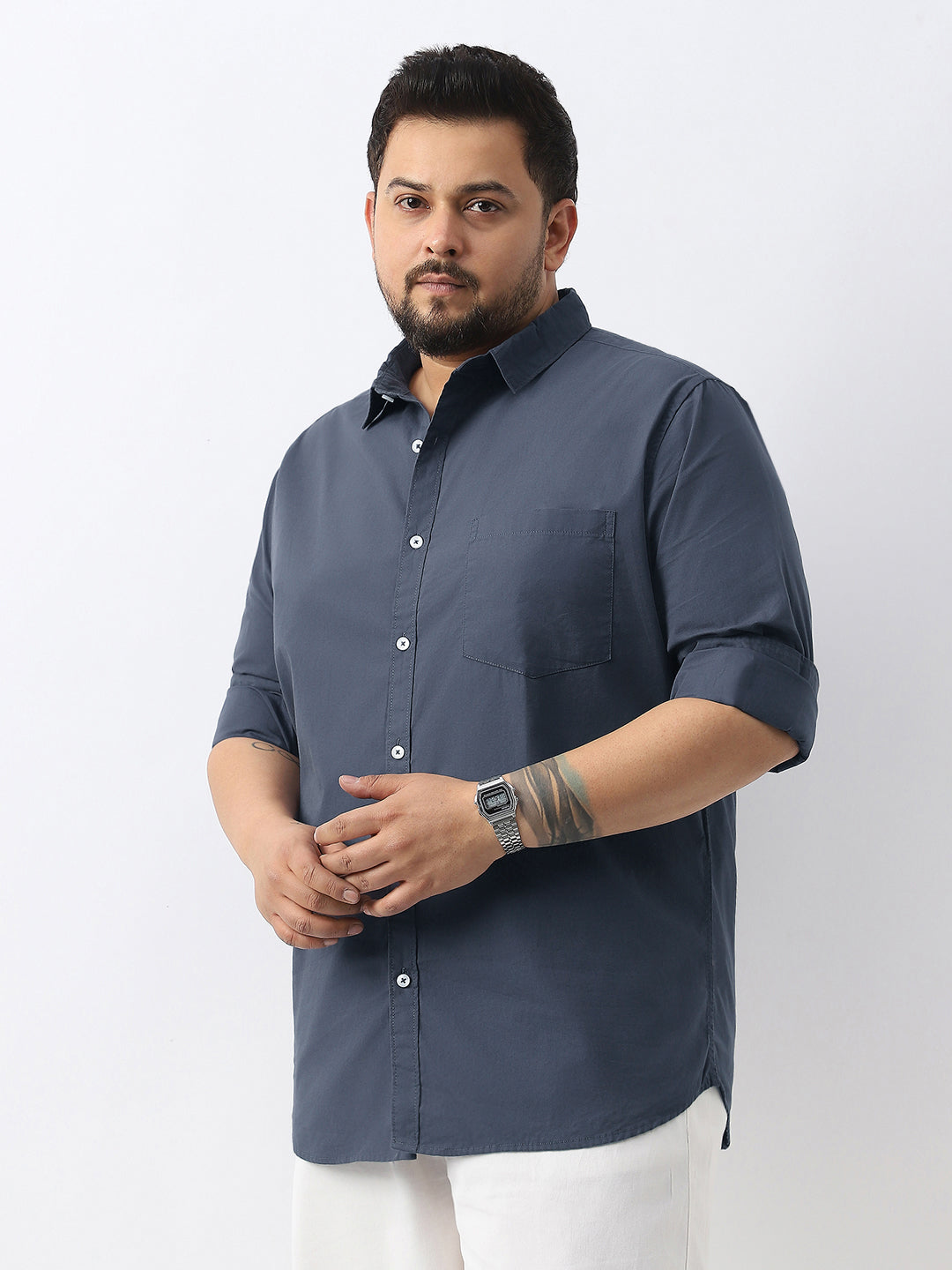 Plus Men's Slate Blue Cotton Full Sleeve Regular Fit Casual Solid Shirt
