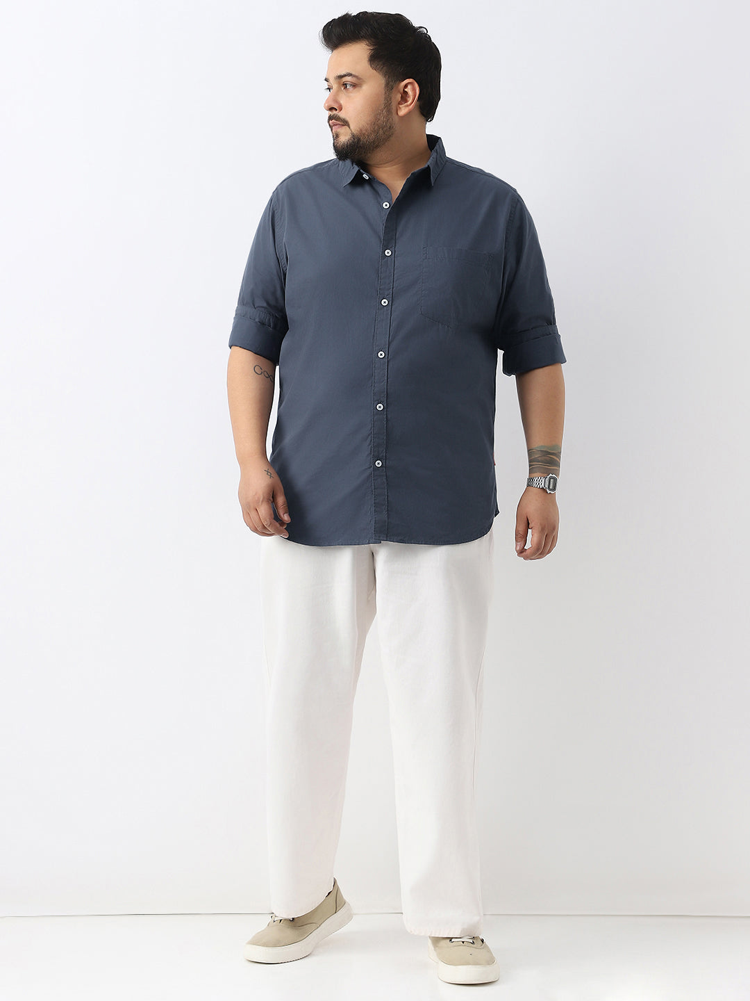 Plus Men's Slate Blue Cotton Full Sleeve Regular Fit Casual Solid Shirt