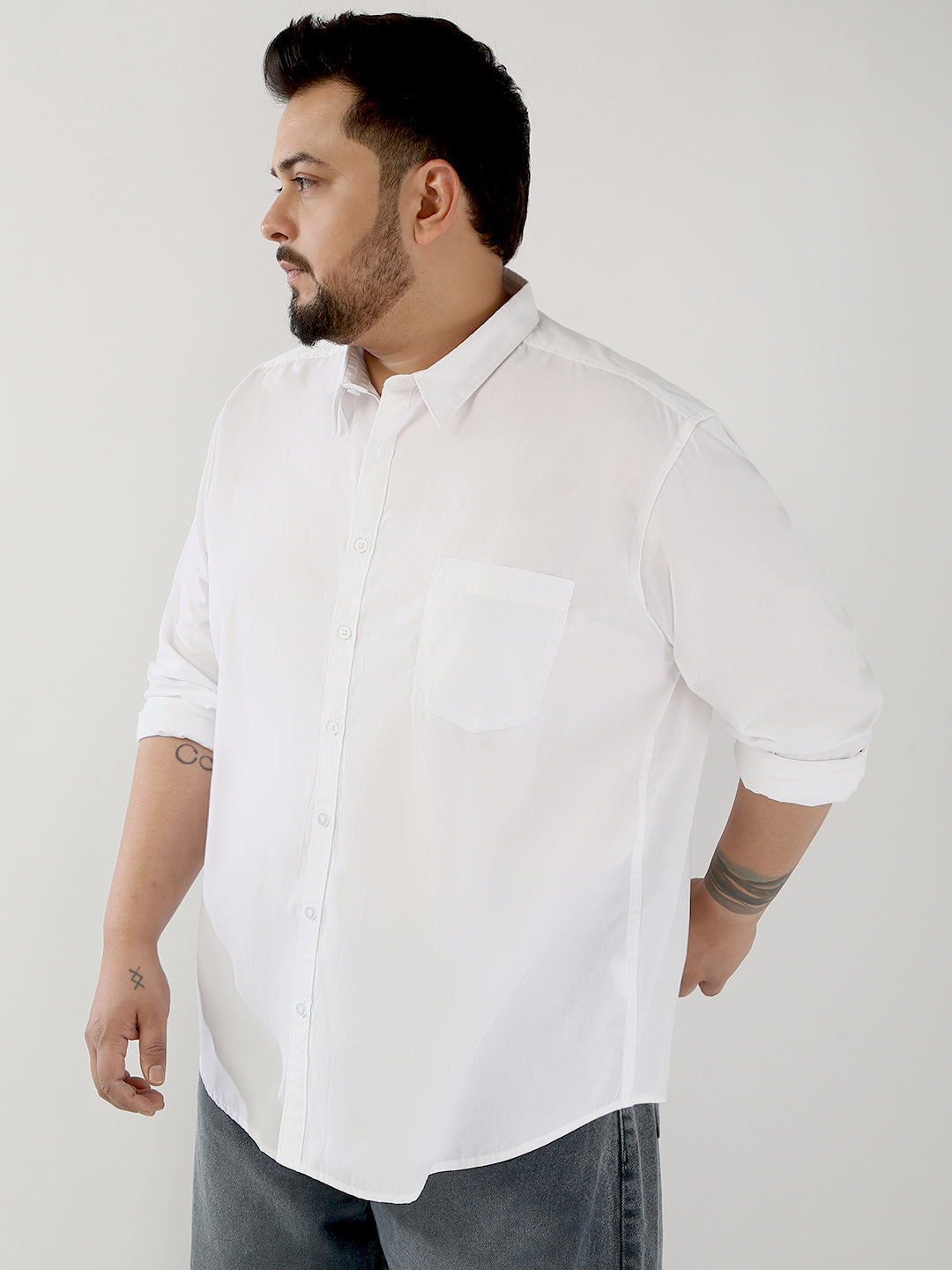 Plus Men's White Cotton Full Sleeve Regular Fit Casual Solid Shirt