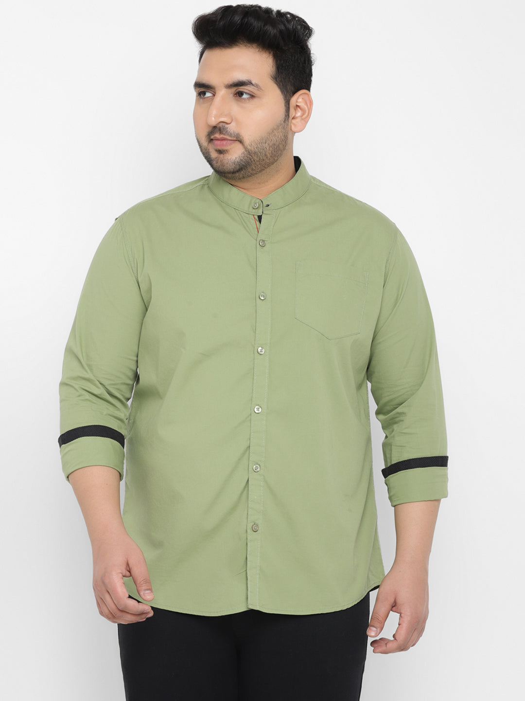 Plus Men's Green Cotton Full Sleeve Regular Fit Casual Solid Shirt with Mandarin Collar