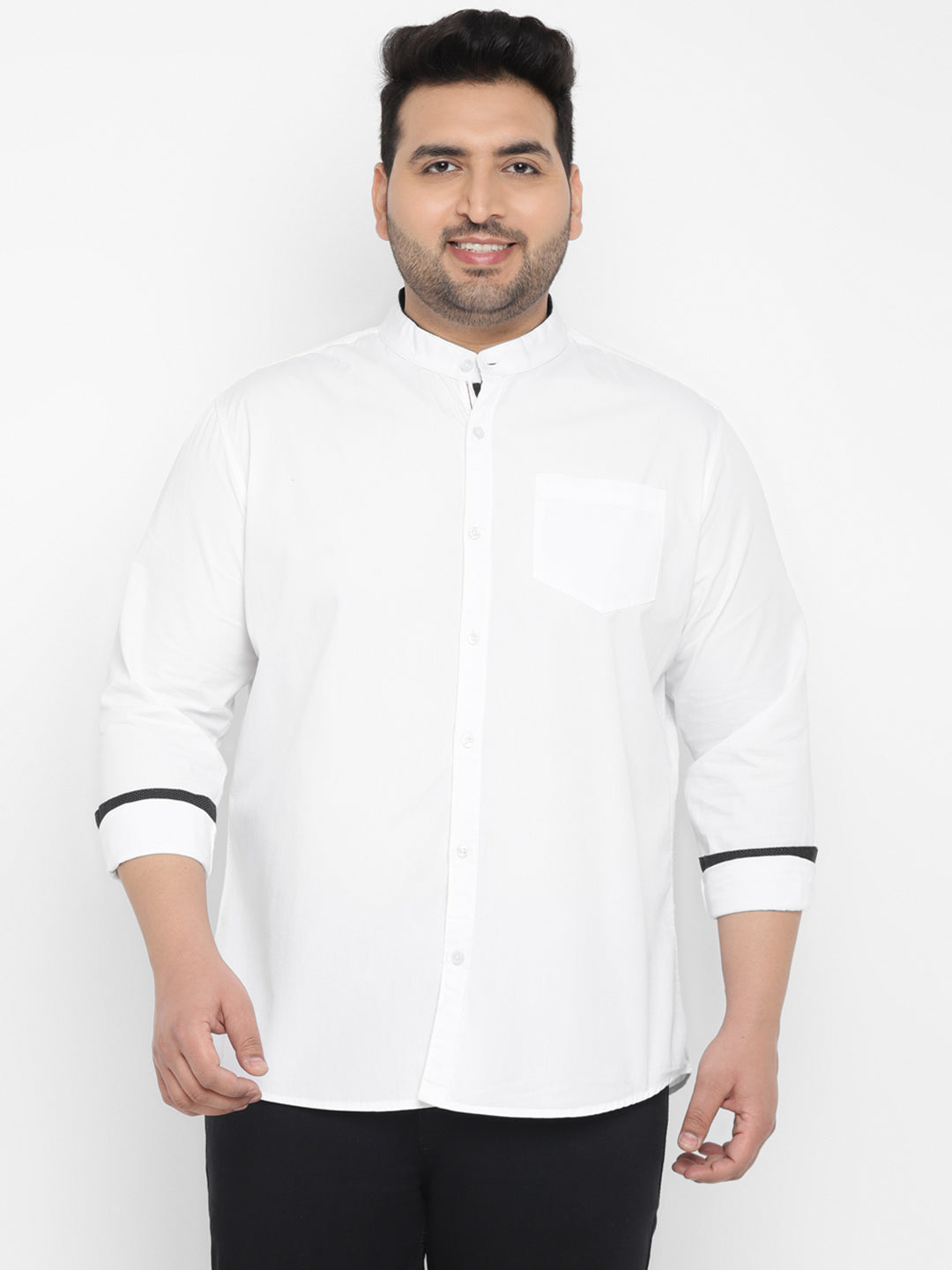 Urbano Plus Men's White Cotton Full Sleeve Regular Fit Casual Solid Shirt with Mandarin Collar