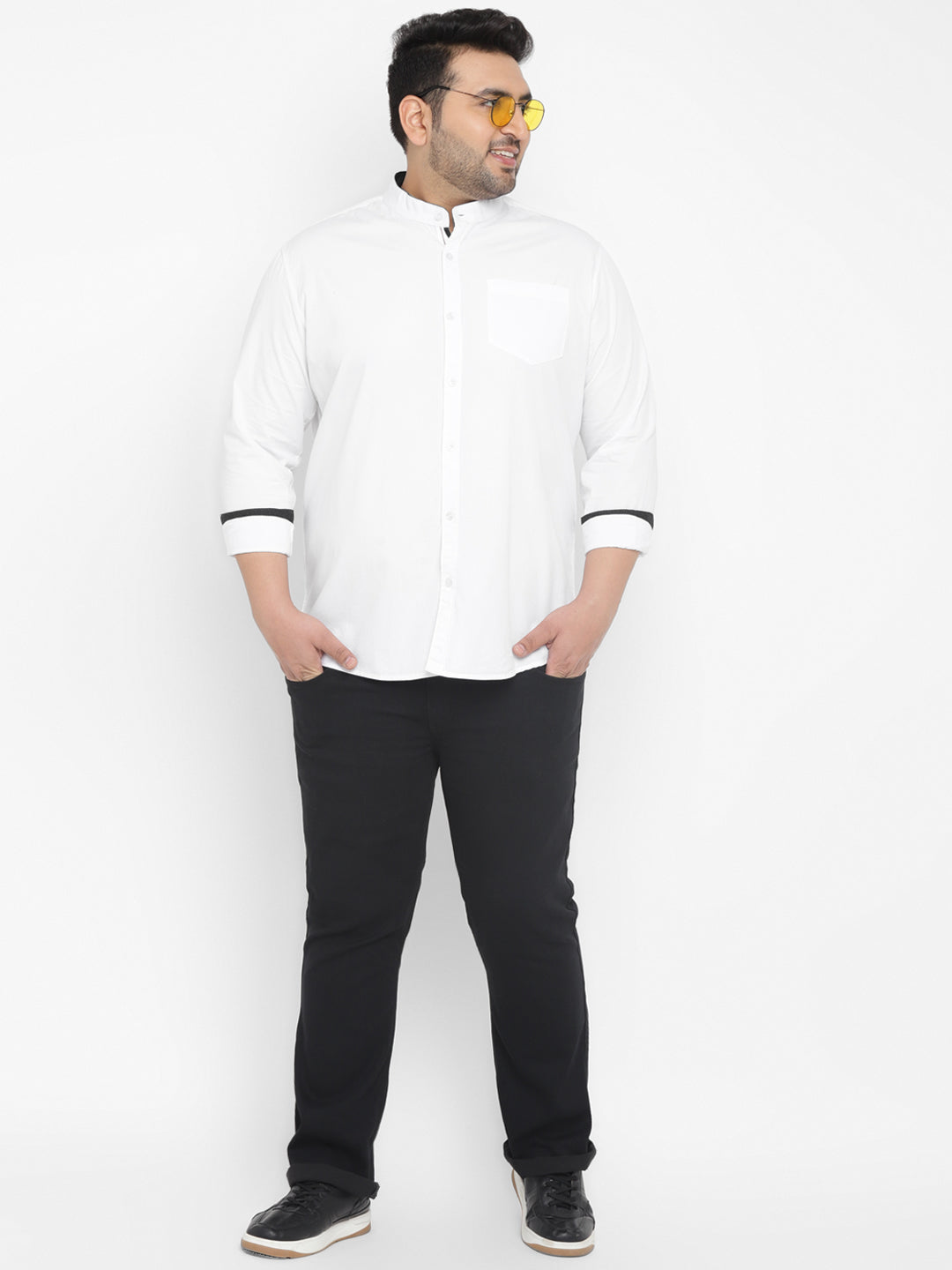 Urbano Plus Men's White Cotton Full Sleeve Regular Fit Casual Solid Shirt with Mandarin Collar