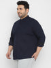 Plus Men's Navy Blue Cotton Full Sleeve Regular Fit Casual Solid Shirt with Mandarin Collar