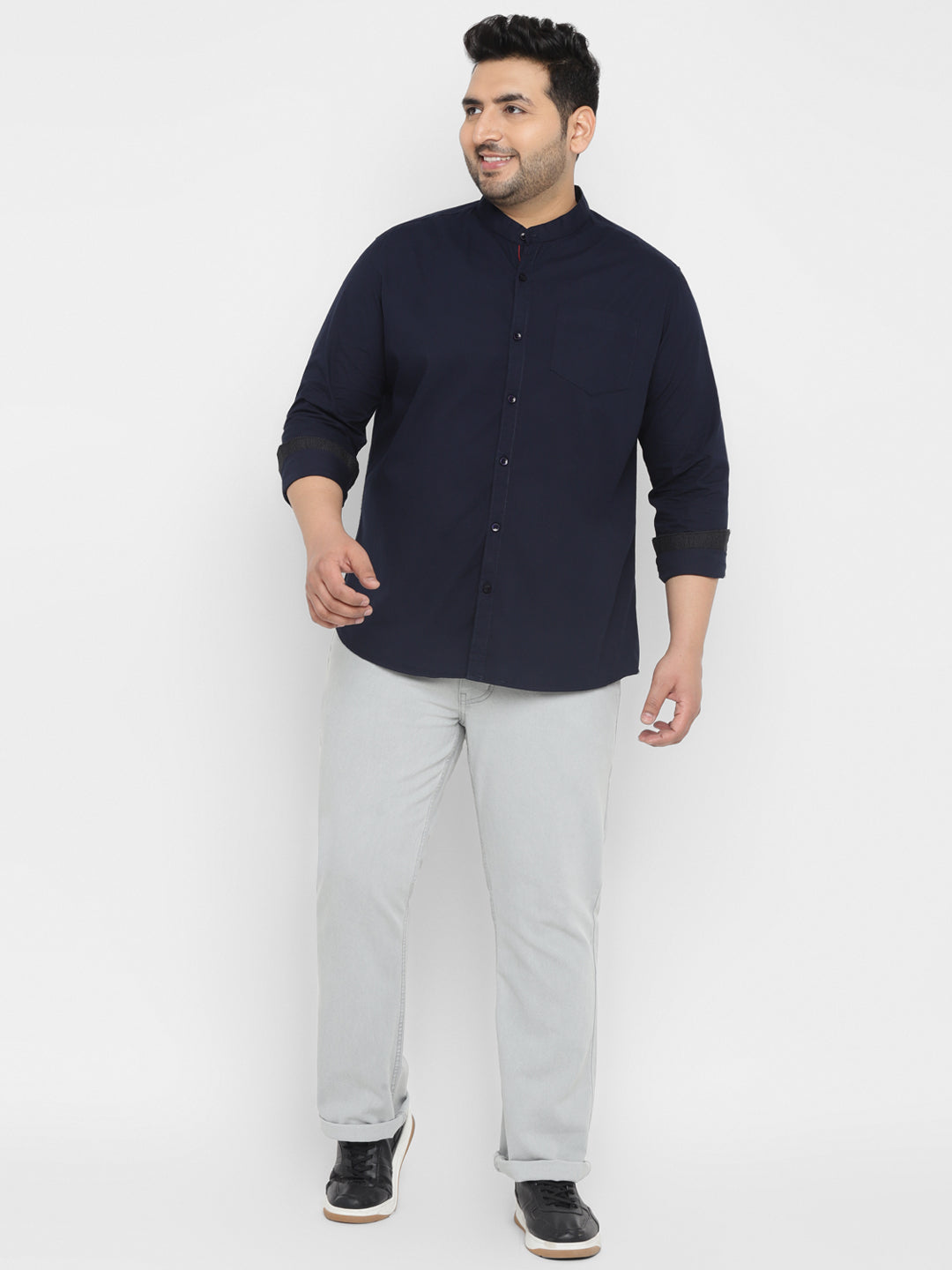 Plus Men's Navy Blue Cotton Full Sleeve Regular Fit Casual Solid Shirt with Mandarin Collar