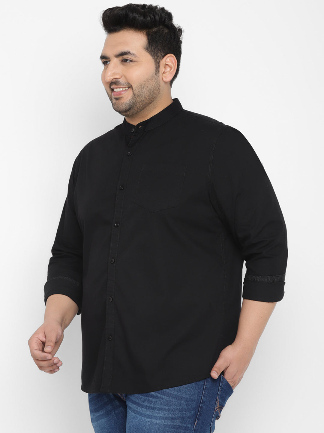 Plus Men's Black Cotton Full Sleeve Regular Fit Casual Solid Shirt with Mandarin Collar