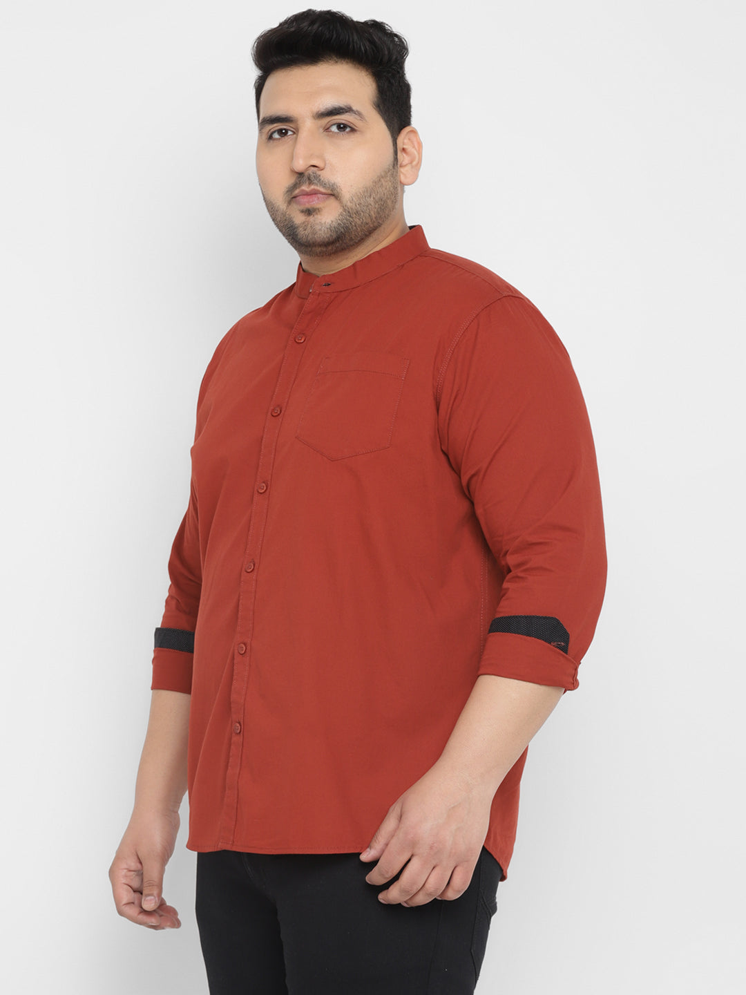 Plus Men's Maroon Cotton Full Sleeve Regular Fit Casual Solid Shirt with Mandarin Collar