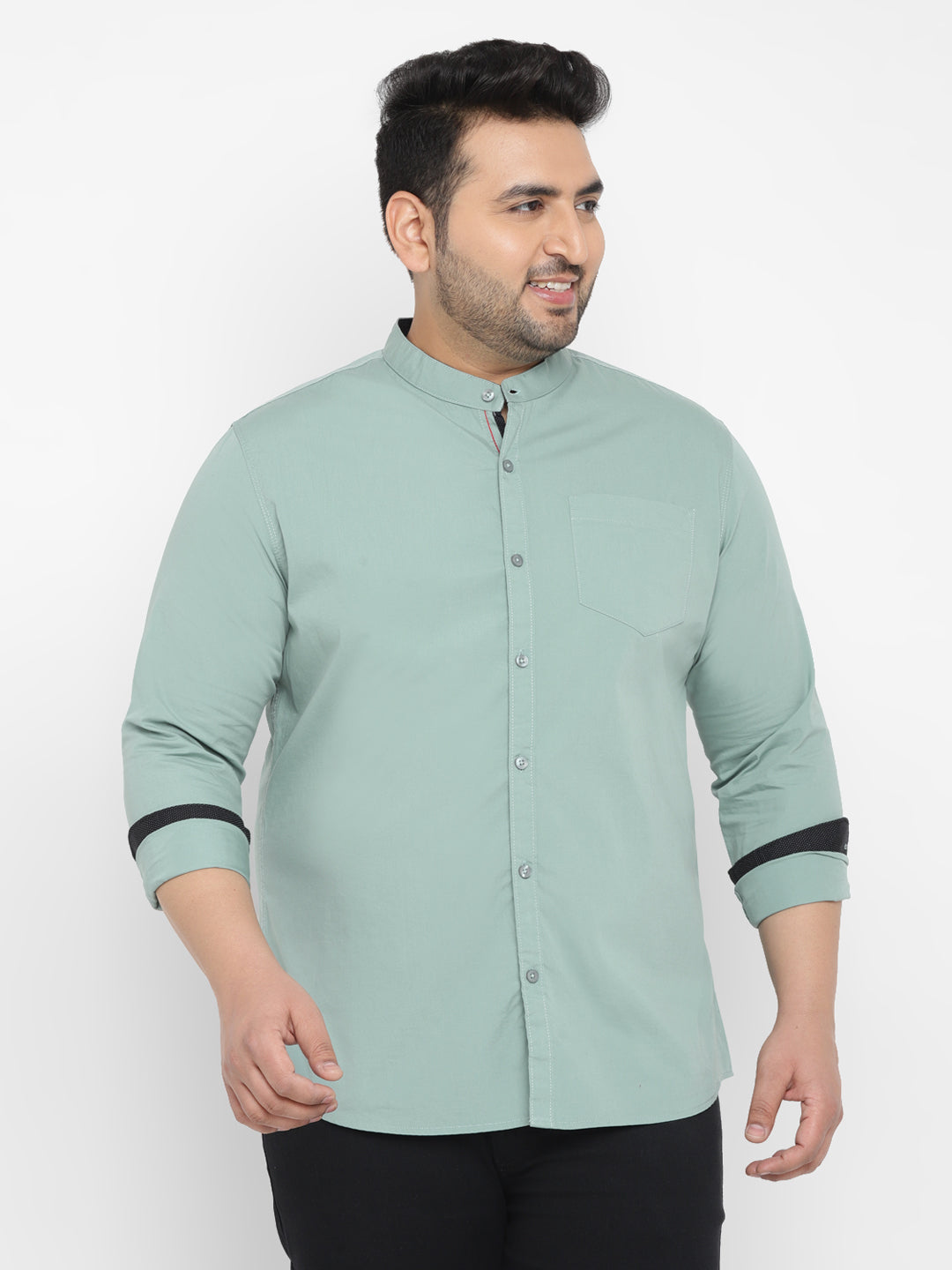 Plus Men's Blue Cotton Full Sleeve Regular Fit Casual Solid Shirt with Mandarin Collar