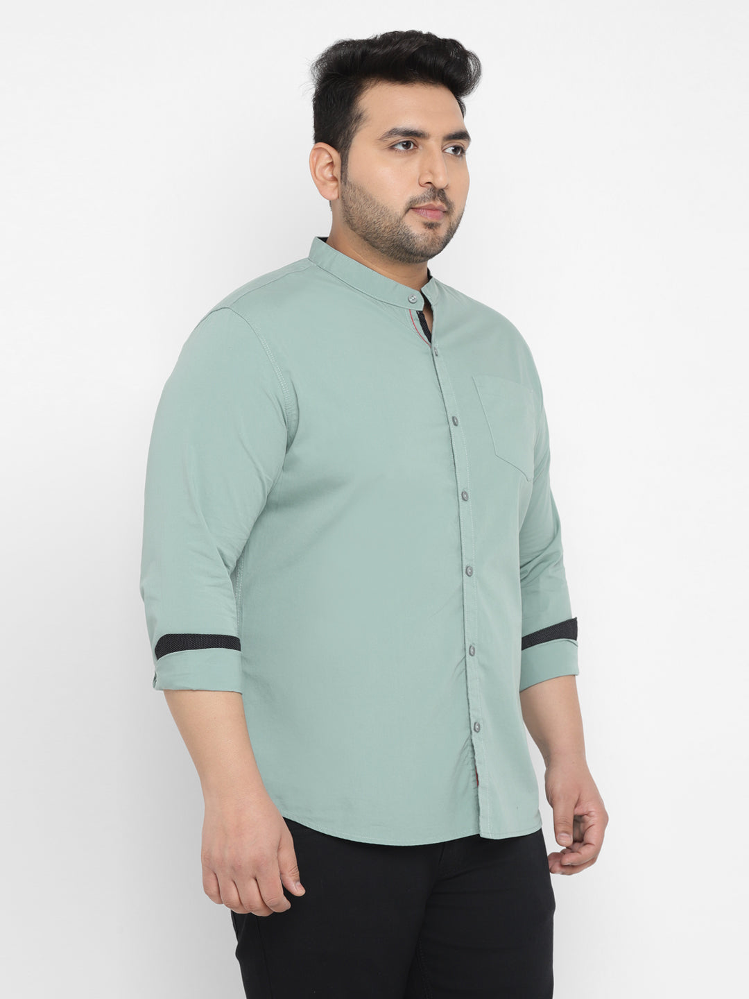 Plus Men's Blue Cotton Full Sleeve Regular Fit Casual Solid Shirt with Mandarin Collar