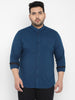 Plus Men's Blue Cotton Full Sleeve Regular Fit Casual Solid Shirt with Mandarin Collar