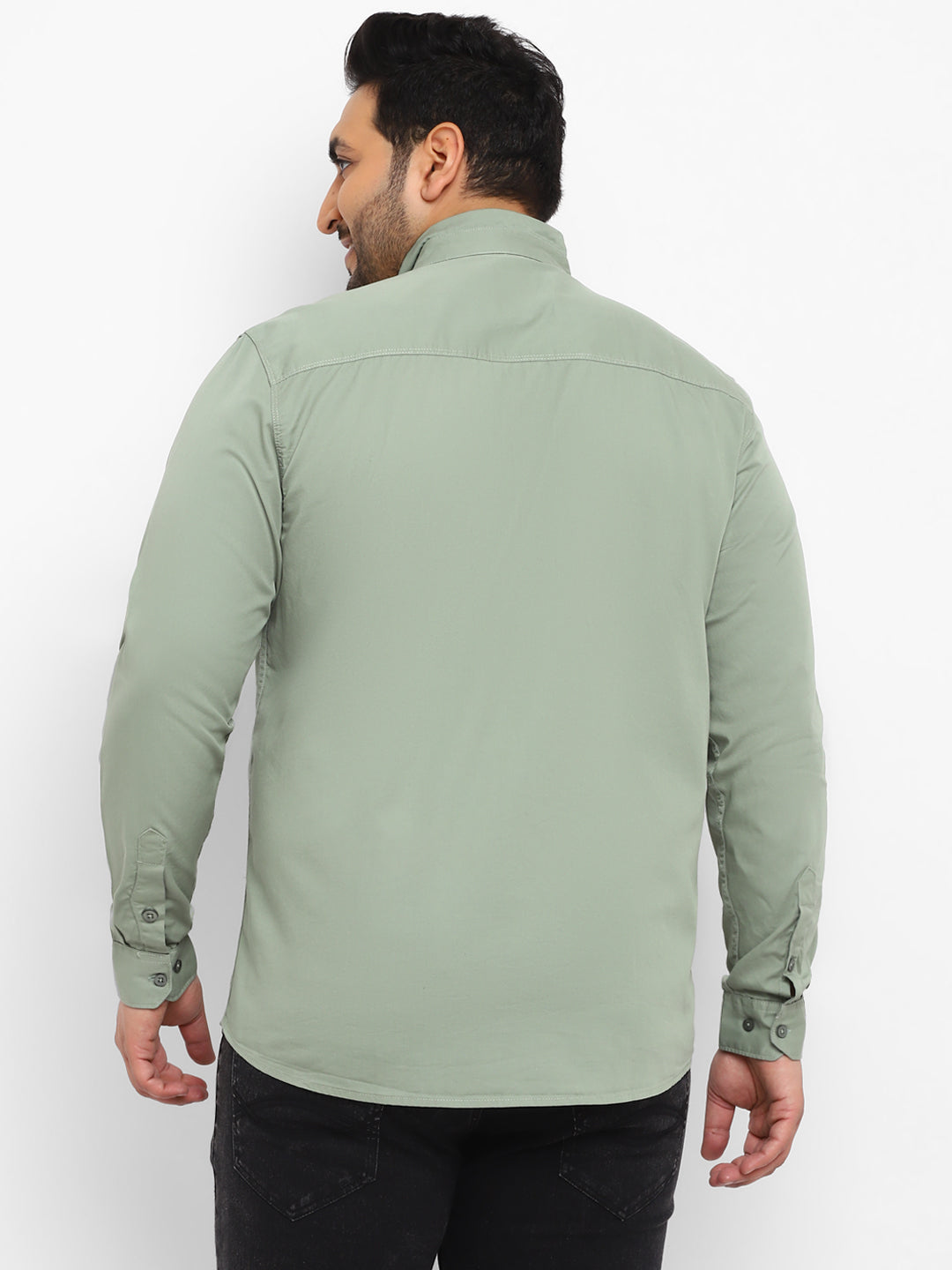 Plus Men's Green Cotton Full Sleeve Regular Fit Casual Solid Shirt with Mandarin Collar
