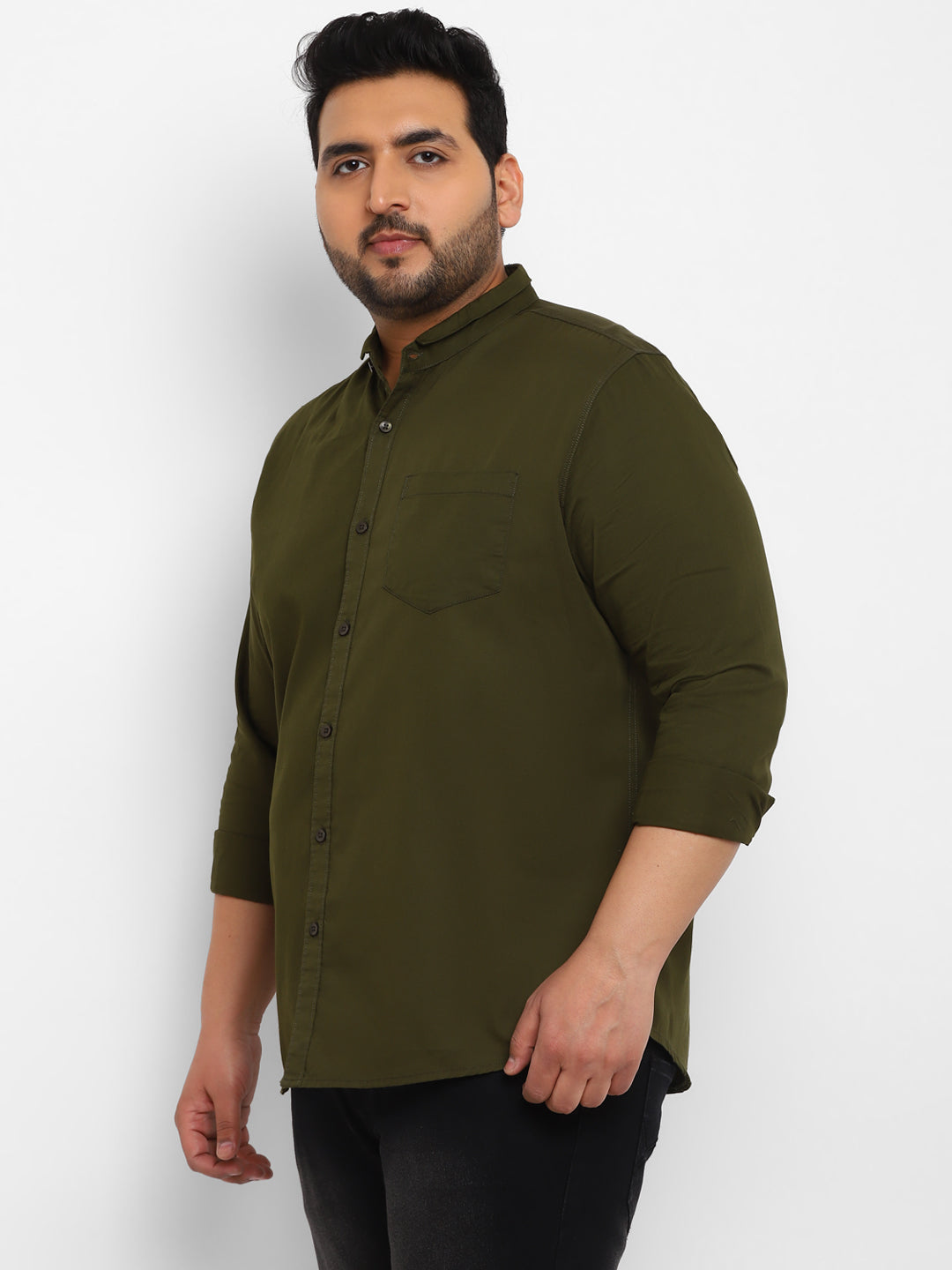 Urbano Plus Men's Green Cotton Full Sleeve Regular Fit Casual Solid Shirt with Mandarin Collar