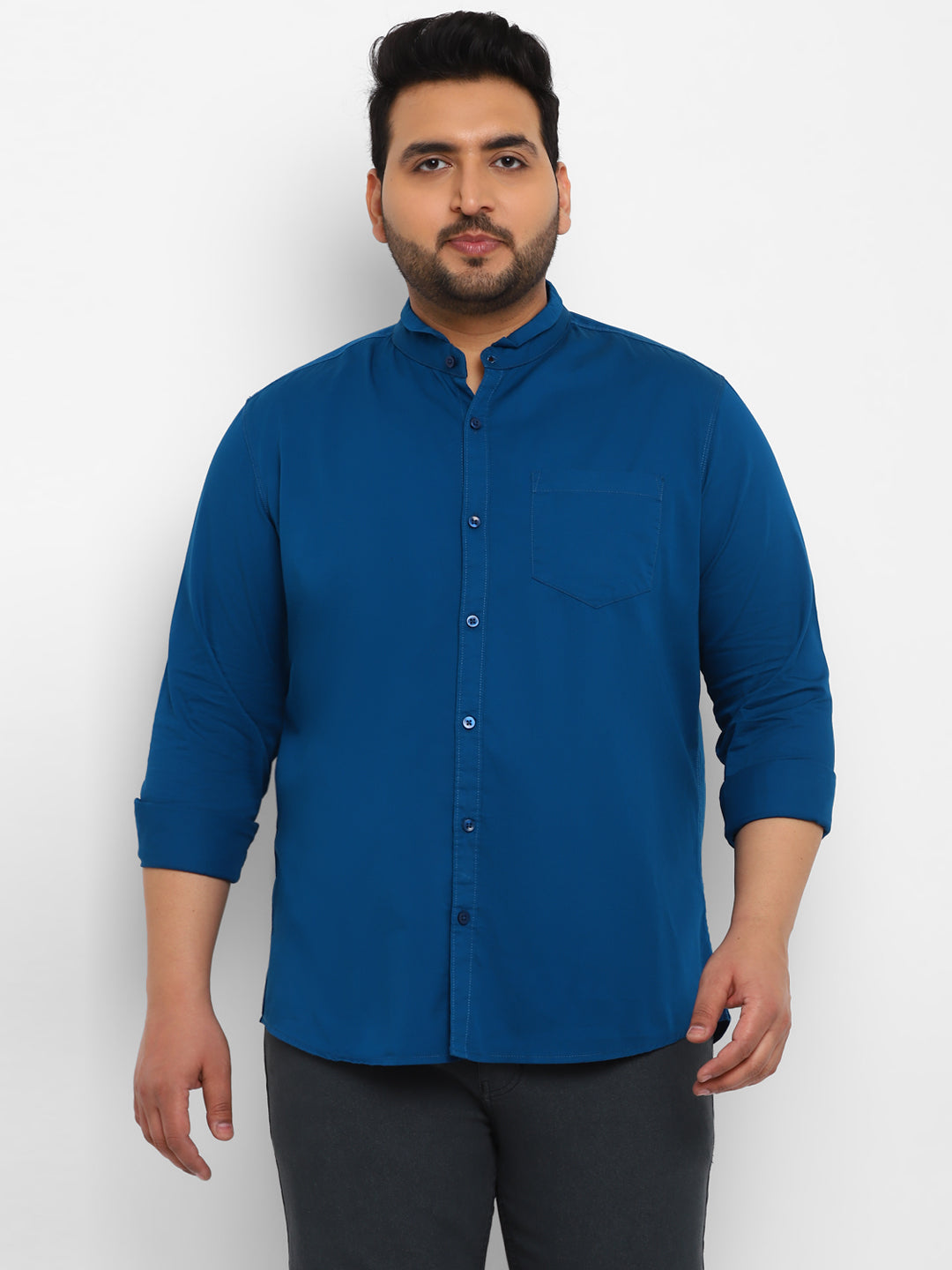 Plus Men's Royal Blue Cotton Full Sleeve Regular Fit Casual Solid Shirt with Mandarin Collar