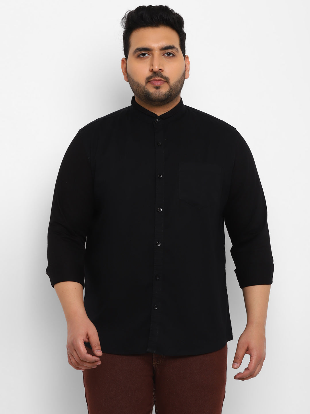 Plus Men's Black Cotton Full Sleeve Regular Fit Casual Solid Shirt with Mandarin Collar