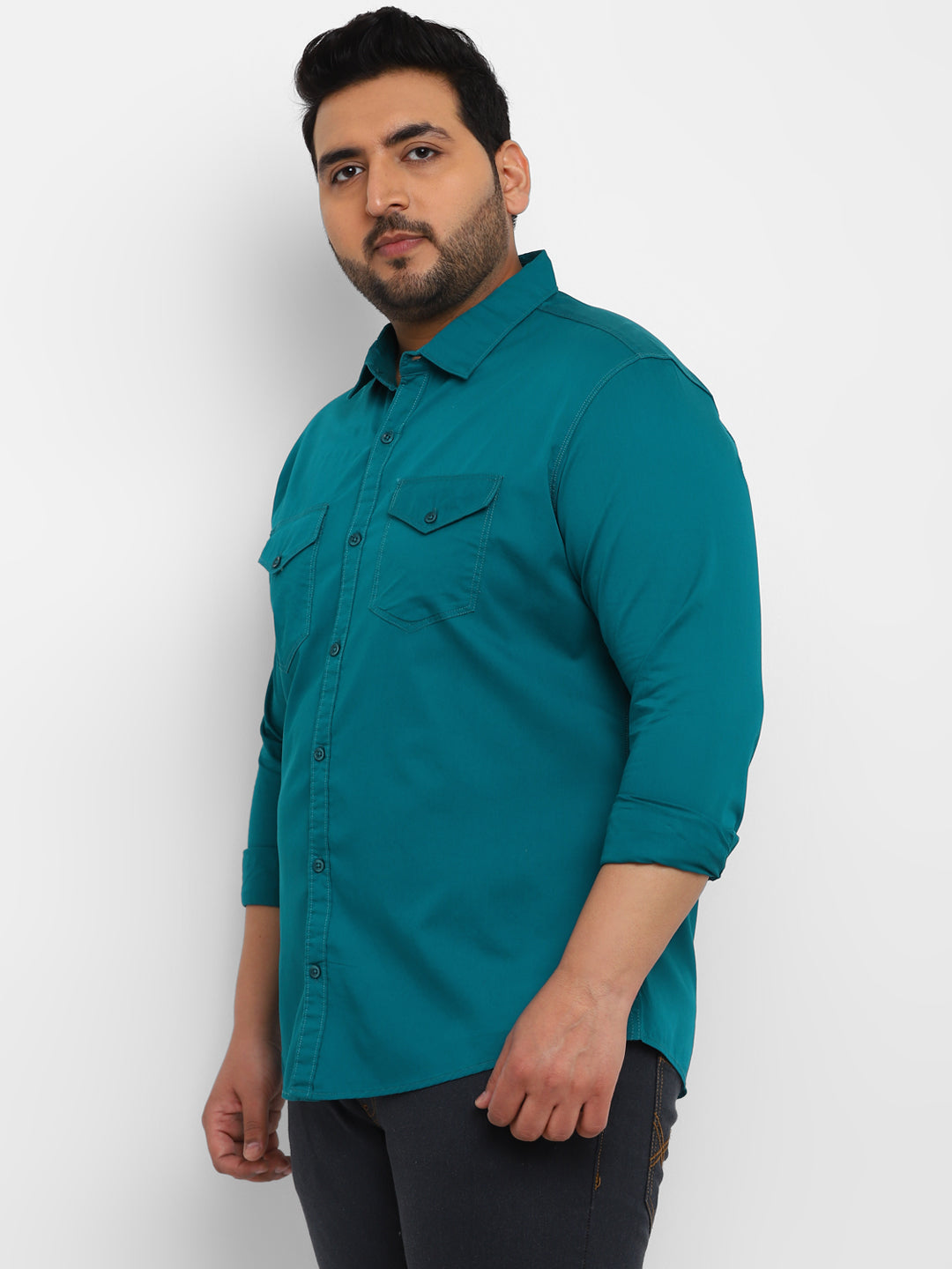 Plus Men's Green Cotton Full Sleeve Regular Fit Casual Solid Shirt