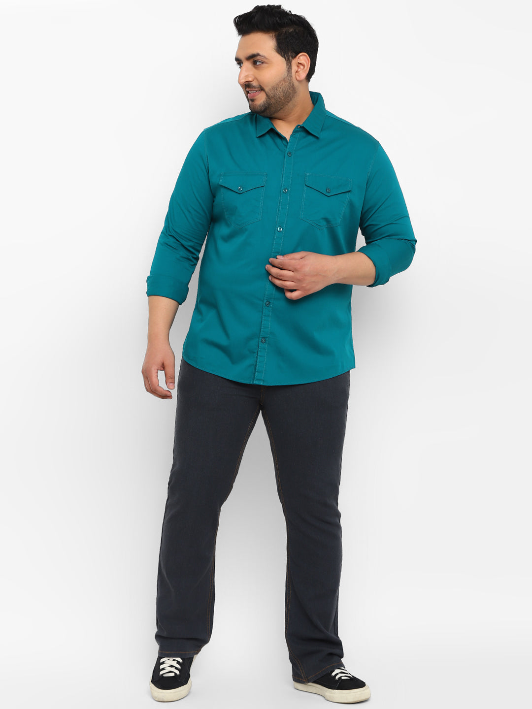 Plus Men's Green Cotton Full Sleeve Regular Fit Casual Solid Shirt