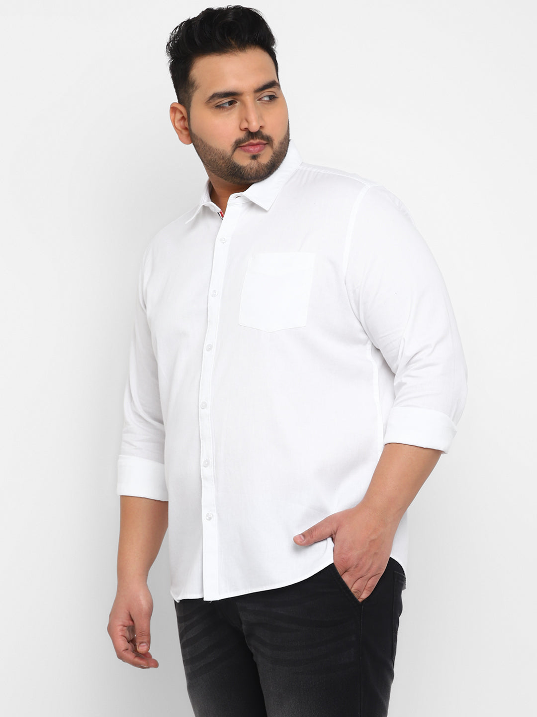 Plus Men's White Cotton Full Sleeve Regular Fit Casual Solid Shirt