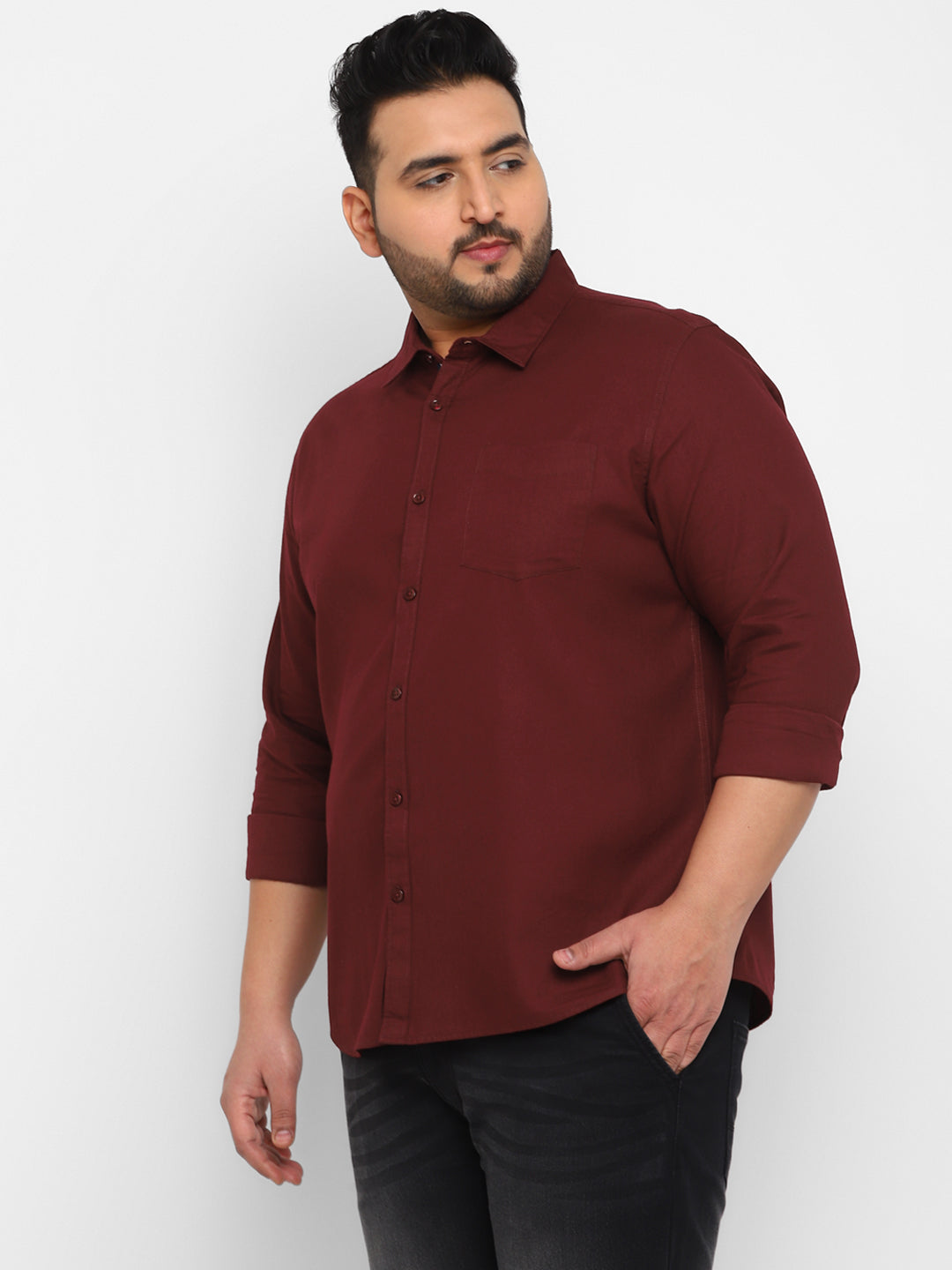 Plus Men's Maroon Cotton Full Sleeve Regular Fit Casual Solid Shirt