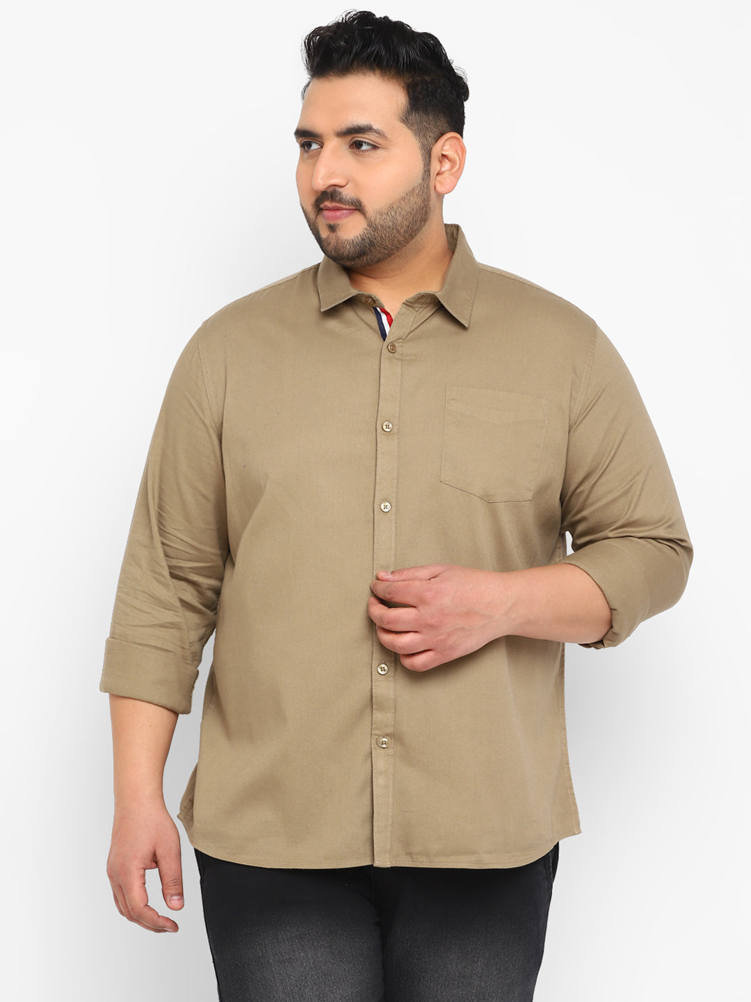 Plus Men's Khaki Cotton Full Sleeve Regular Fit Casual Solid Shirt