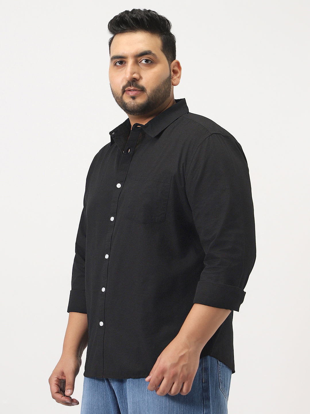 Plus Men's Black Cotton Full Sleeve Regular Fit Casual Solid Slub Shirt with Spread Collar