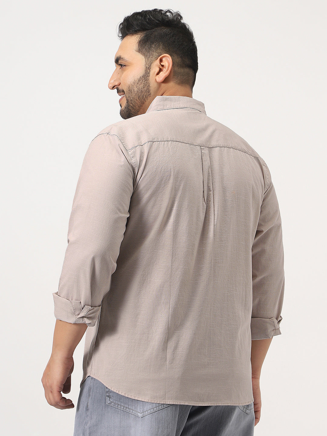 Plus Men's Brown Cotton Full Sleeve Regular Fit Casual Solid Slub Shirt with Spread Collar