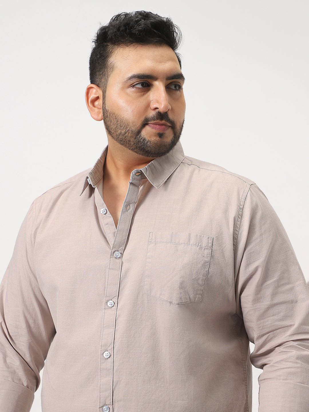 Plus Men's Brown Cotton Full Sleeve Regular Fit Casual Solid Slub Shirt with Spread Collar