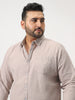 Plus Men's Brown Cotton Full Sleeve Regular Fit Casual Solid Slub Shirt with Spread Collar